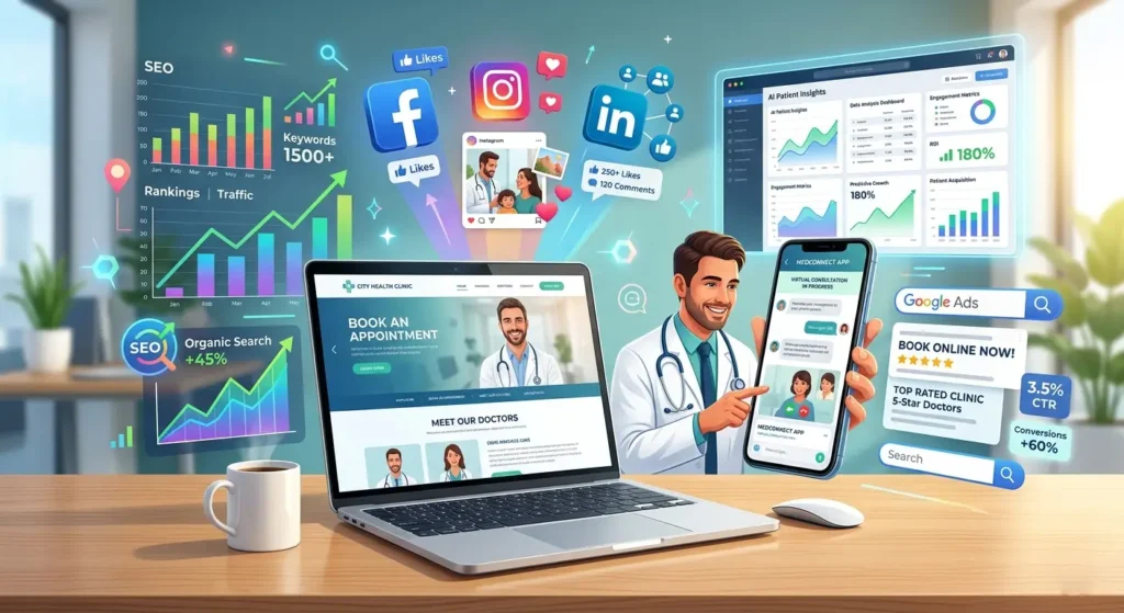 Digital marketing for healthcare showing clinic website, mobile app, social media, SEO, PPC, and AI analytics for patient engagement.