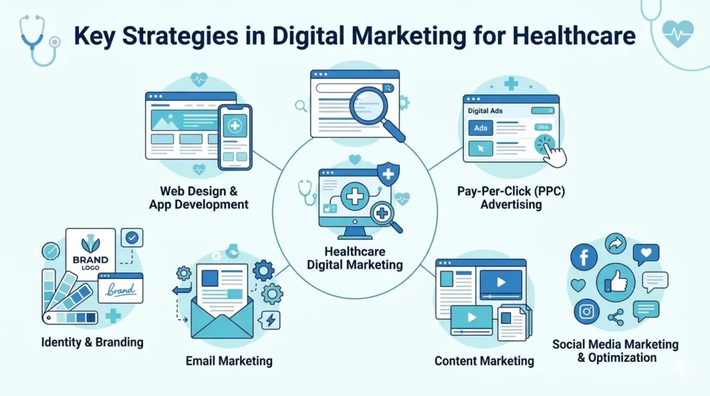Key strategies in digital marketing for healthcare including web design, app development, SEO, PPC, social media, content marketing, email marketing, and branding.