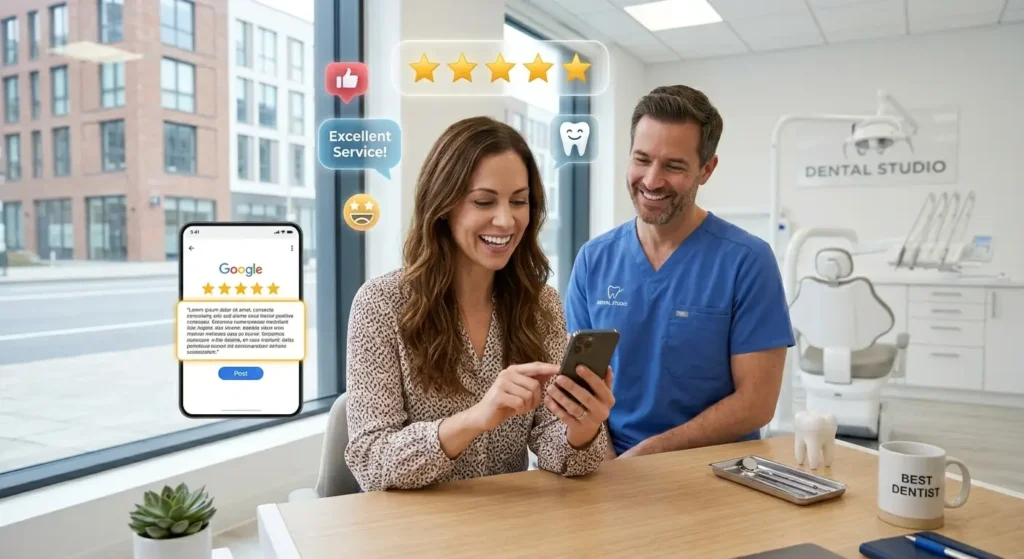 Reputation management for dental clinics with patient reviews and 5-star ratings improving SEO
