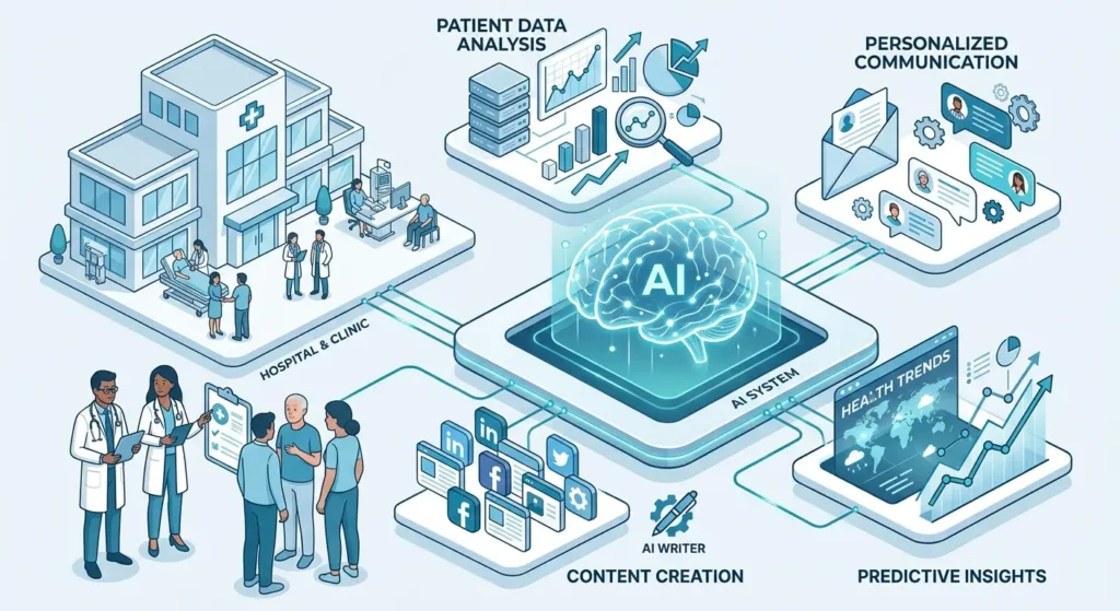 AI in healthcare marketing illustration showing patient data analysis, personalized communication, and automated digital campaigns