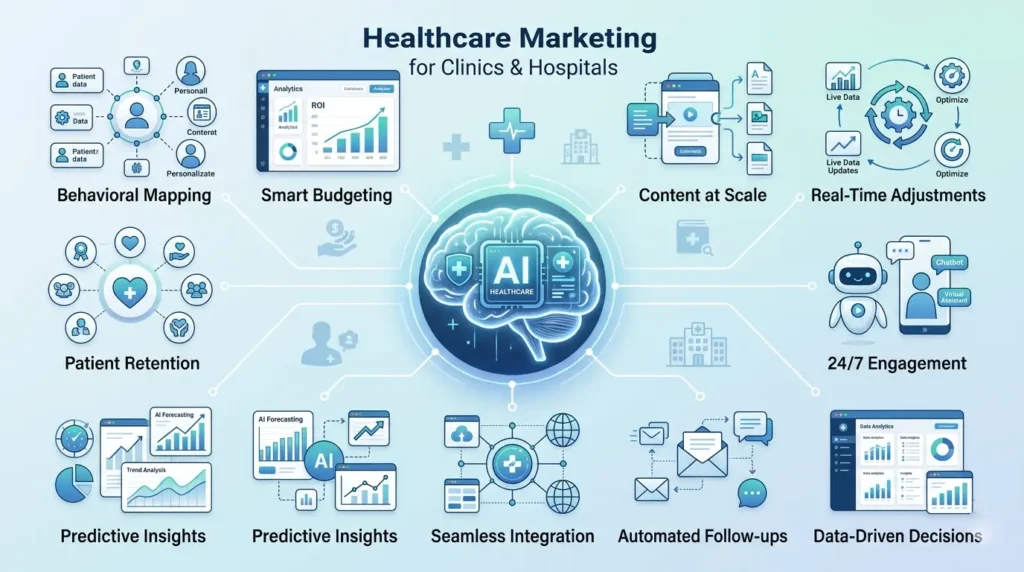 Future of healthcare marketing with AI including behavioral mapping, smart budgeting, and automated patient engagement